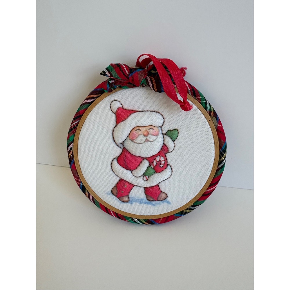 Vintage Hand Sewn Puffy 3D Santa Embroidery Hoop Ornament Plaid Tartan Christmas